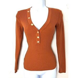 Y2K Fitted Studio F Ribbed‎ Knit Deep V Henley Top Size XXS Skater Grunge